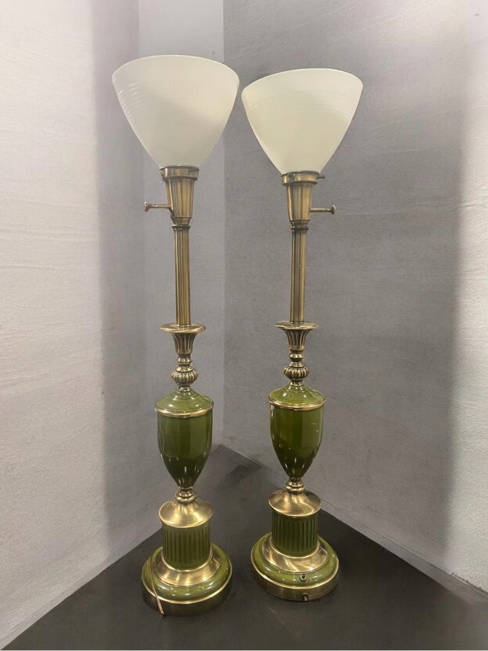 2 Vintage 1950s Rembrandt Brass & Green Enamel Hollywood Regency Table Lamps.